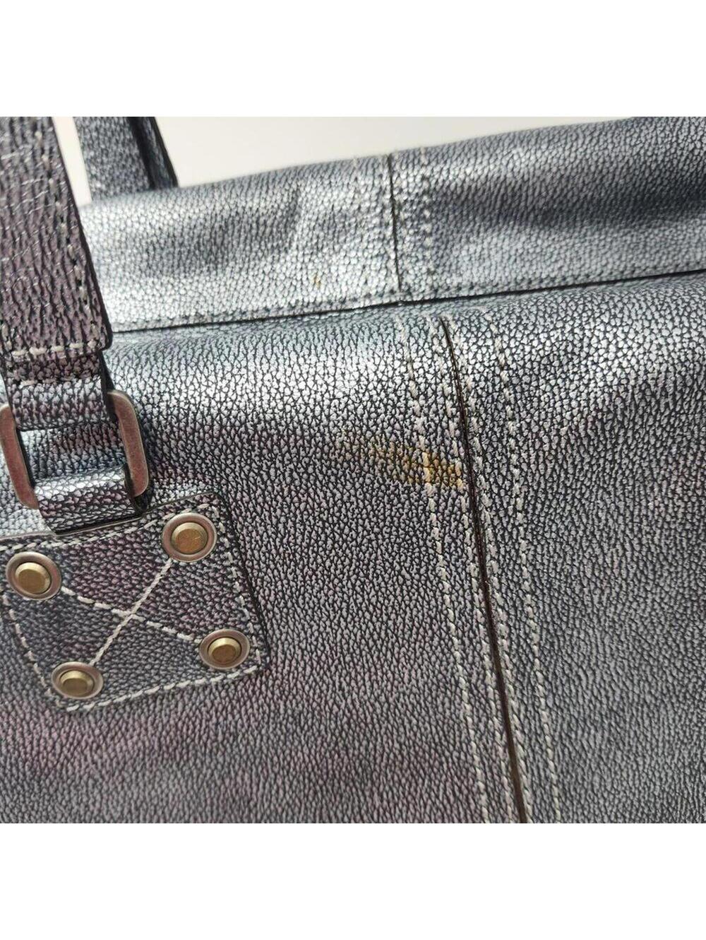 Hype Silver Metallic Double Handle Satchel Genuine Leather Bright Stripes Inside - Picture 3 of 7